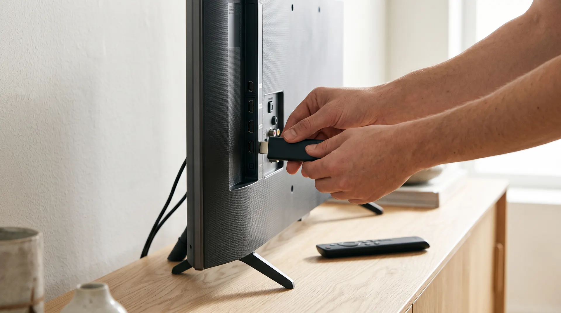 IPTV kaufen Streaming-Stick wird in den HDMI-Anschluss des Fernsehers gesteckt – IPTV einrichten in wenigen Minuten