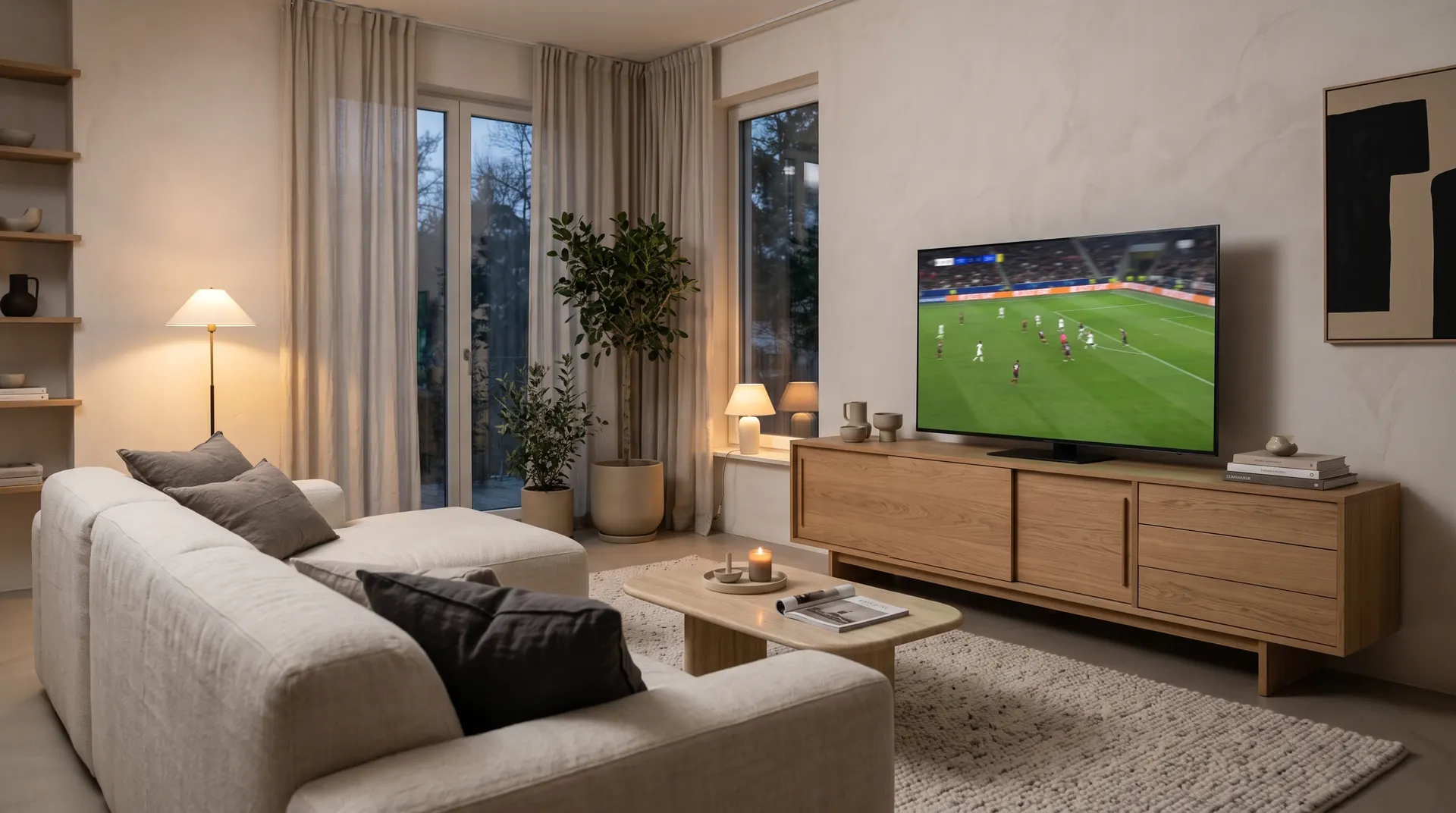 IPTV kaufen Modernes Wohnzimmer am Abend: Auf dem Fernseher läuft ein Live-Fußballspiel per IPTV
