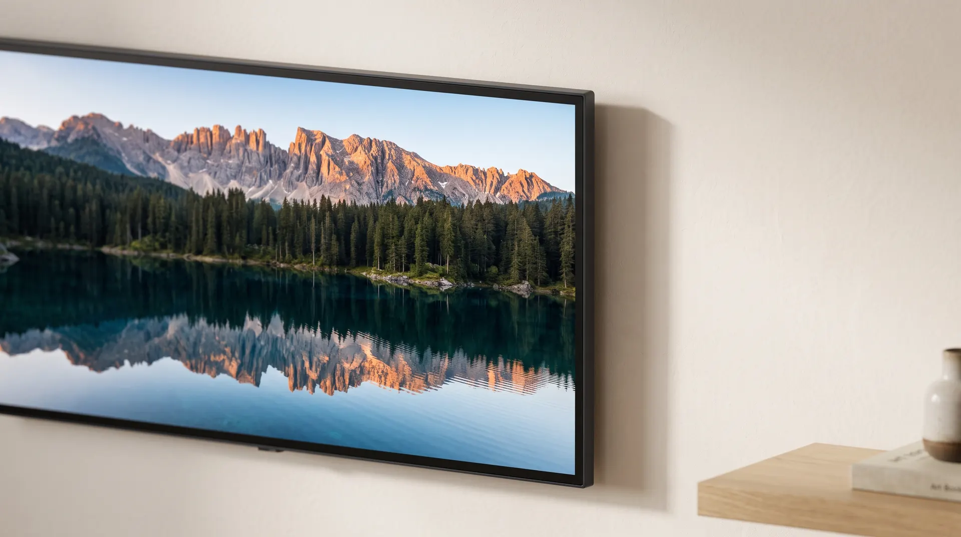 IPTV kaufen Gestochen scharfes 4K-Bild eines Bergsees auf einem flachen Fernseher