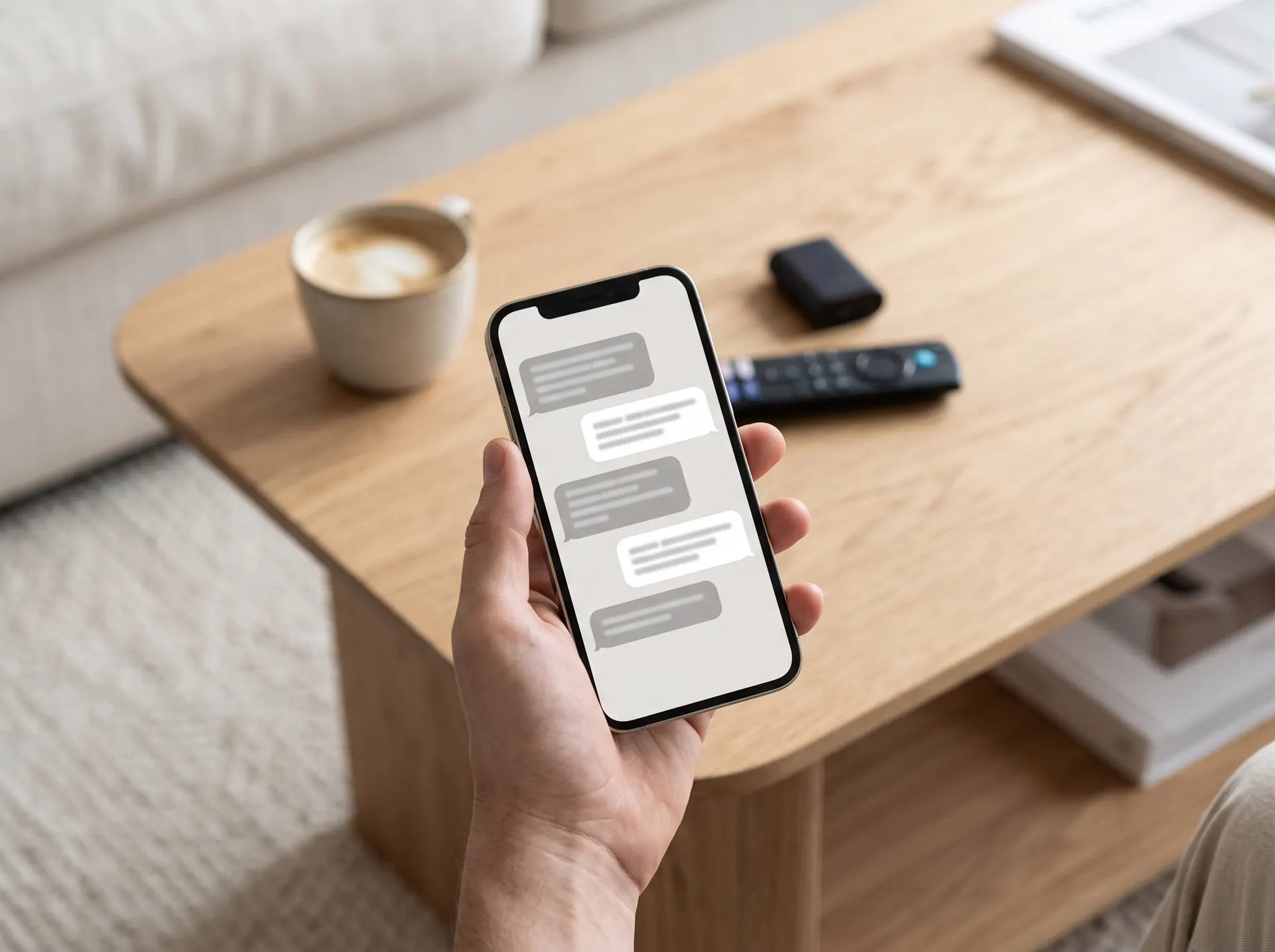 Smartphone mit WhatsApp-Chat zum IPTV-Support, im Hintergrund Kaffee und Fernbedienung